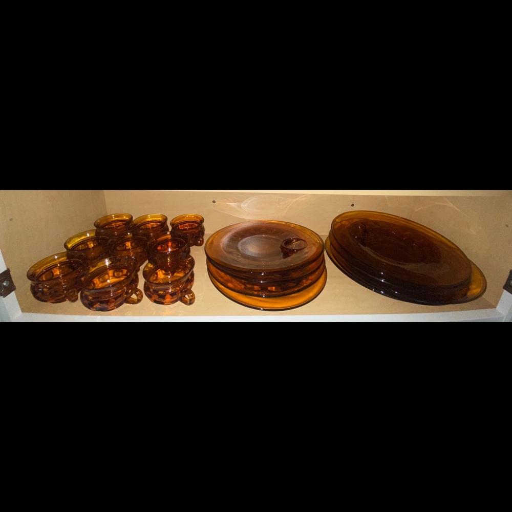 Indiana Amber Glass Set of 9 Glass Plates and Cups - Picture 1 of 3